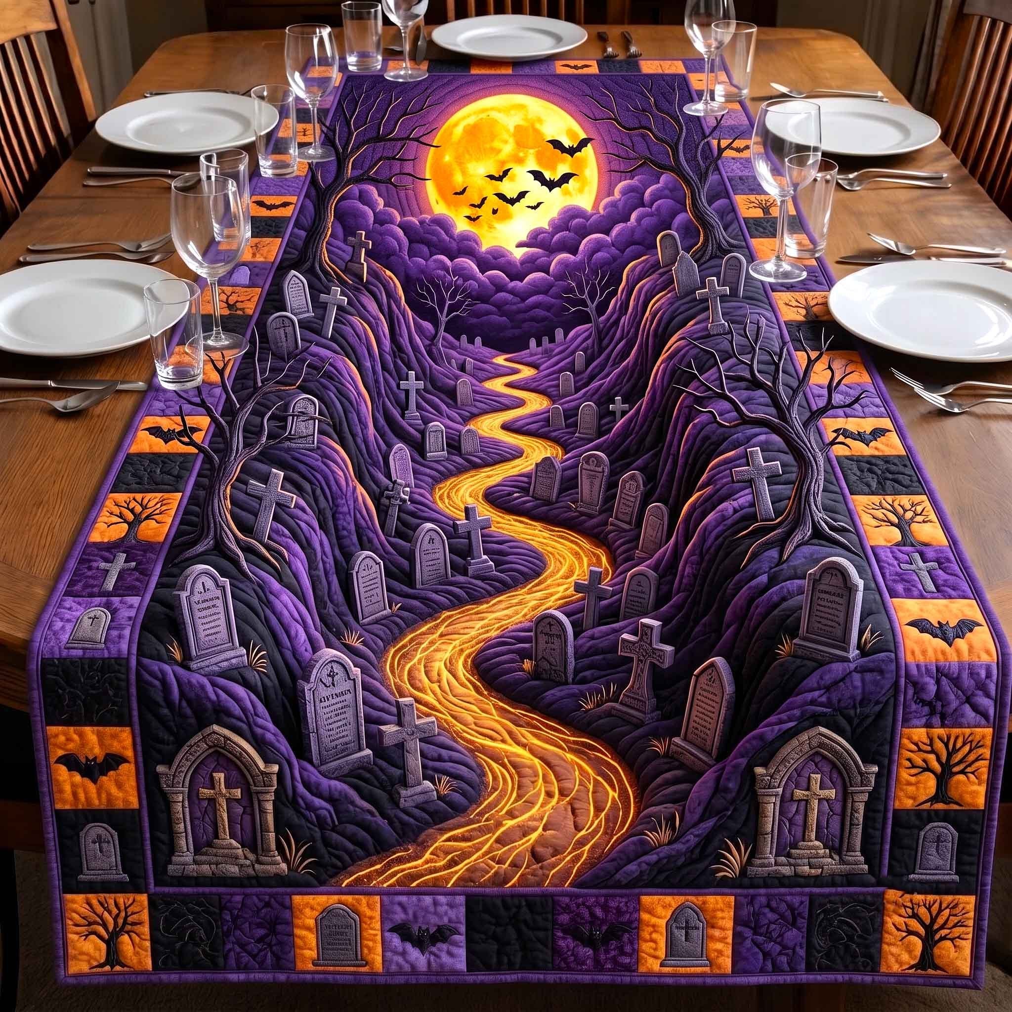 Glowing Path Through Purple Graveyard Table Runner