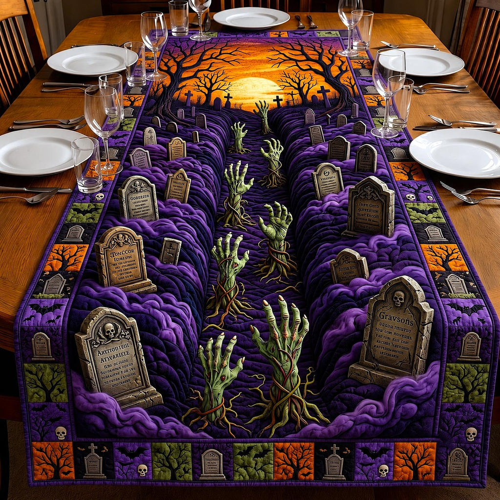 Grasping Hands Among Purple Tombstones Table Runner