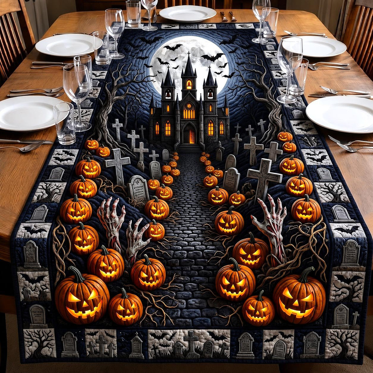 Pumpkin Path to Haunted Castle Table Runner