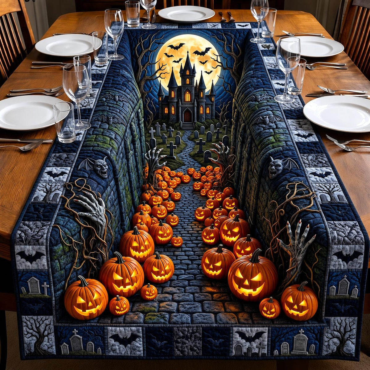 Glowing Pumpkins Along Castle Wall Table Runner