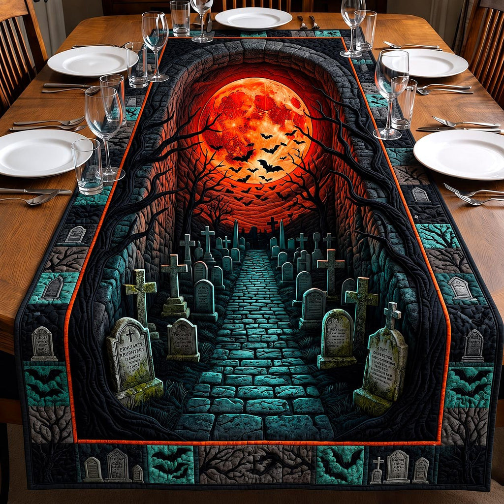 Teal Graveyard Under Blood Moon Table Runner