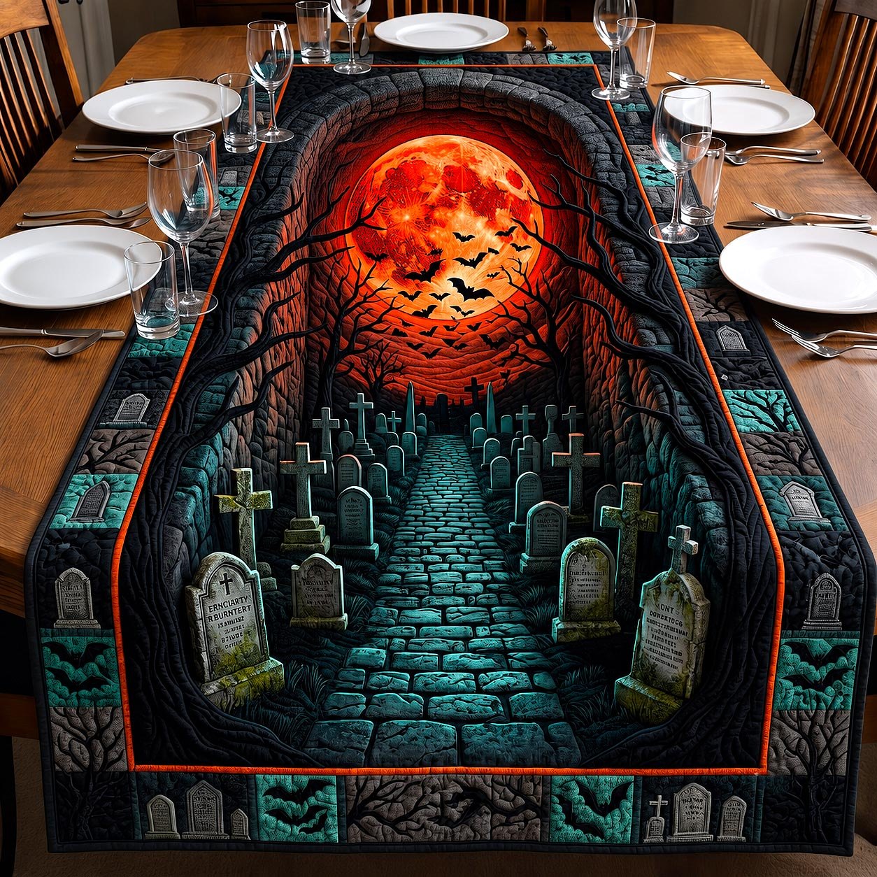 Teal Graveyard Under Blood Moon Table Runner