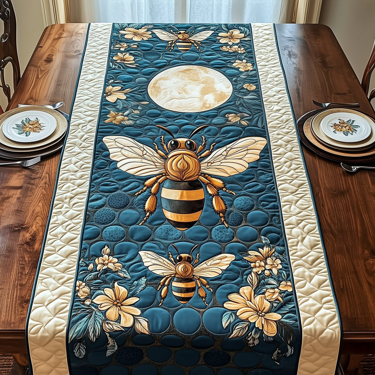 Honey Bee on Teal with Blossoms Table Runner