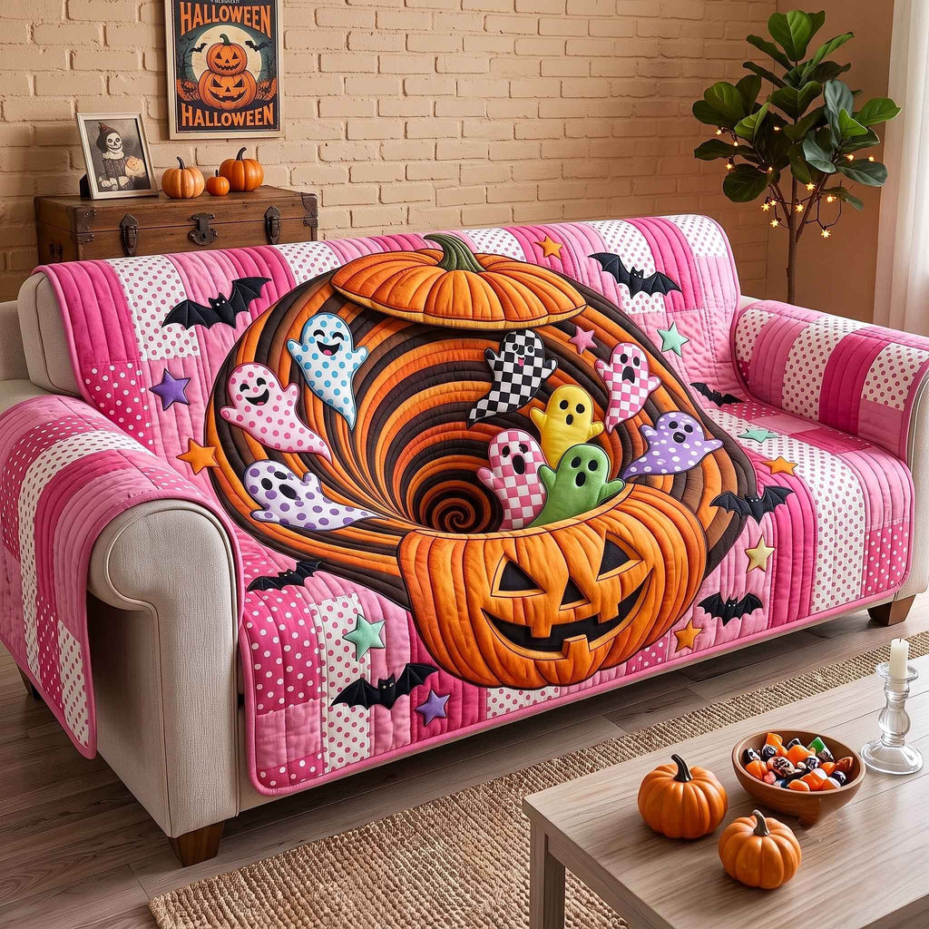 Pumpkin and Ghosts on Pink Swirl Sofa Cover