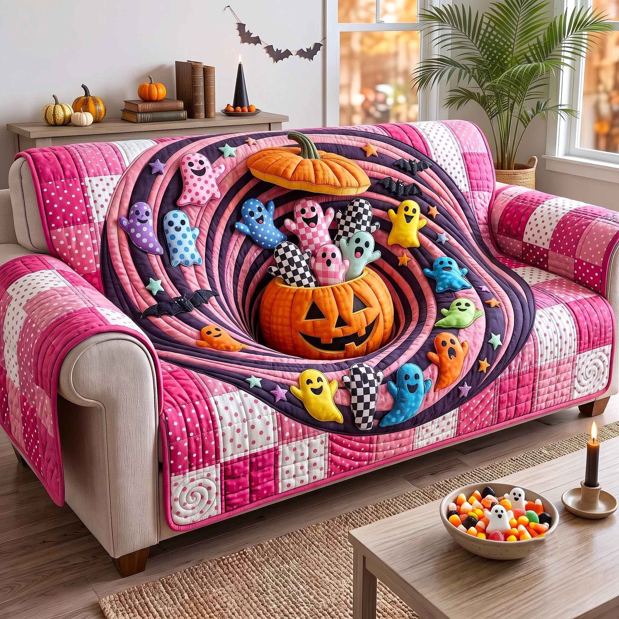 Ghosts and Pumpkins in Pink Whirl Sofa Cover