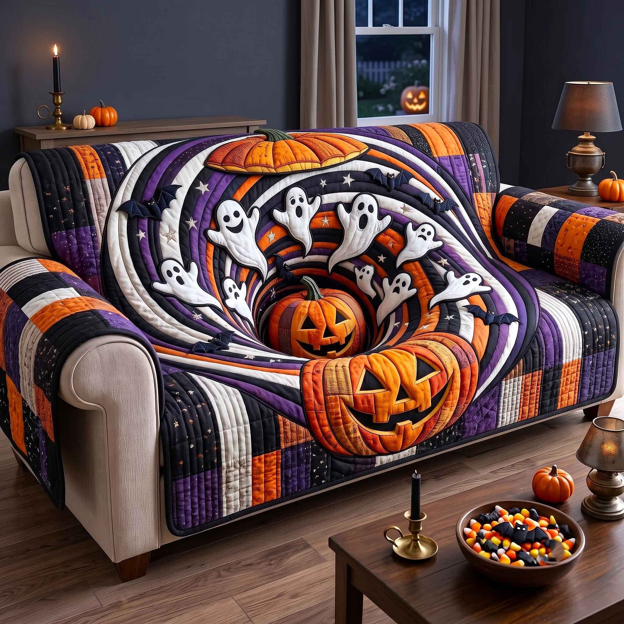 Jack o Lantern with Ghosts on Purple Sofa Cover