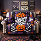 Pumpkin and Ghosts on Striped Purple Sofa Cover