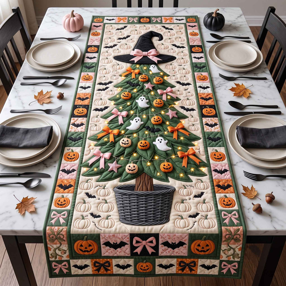 Halloween Tree with Ghosts and Pumpkins Table Runner