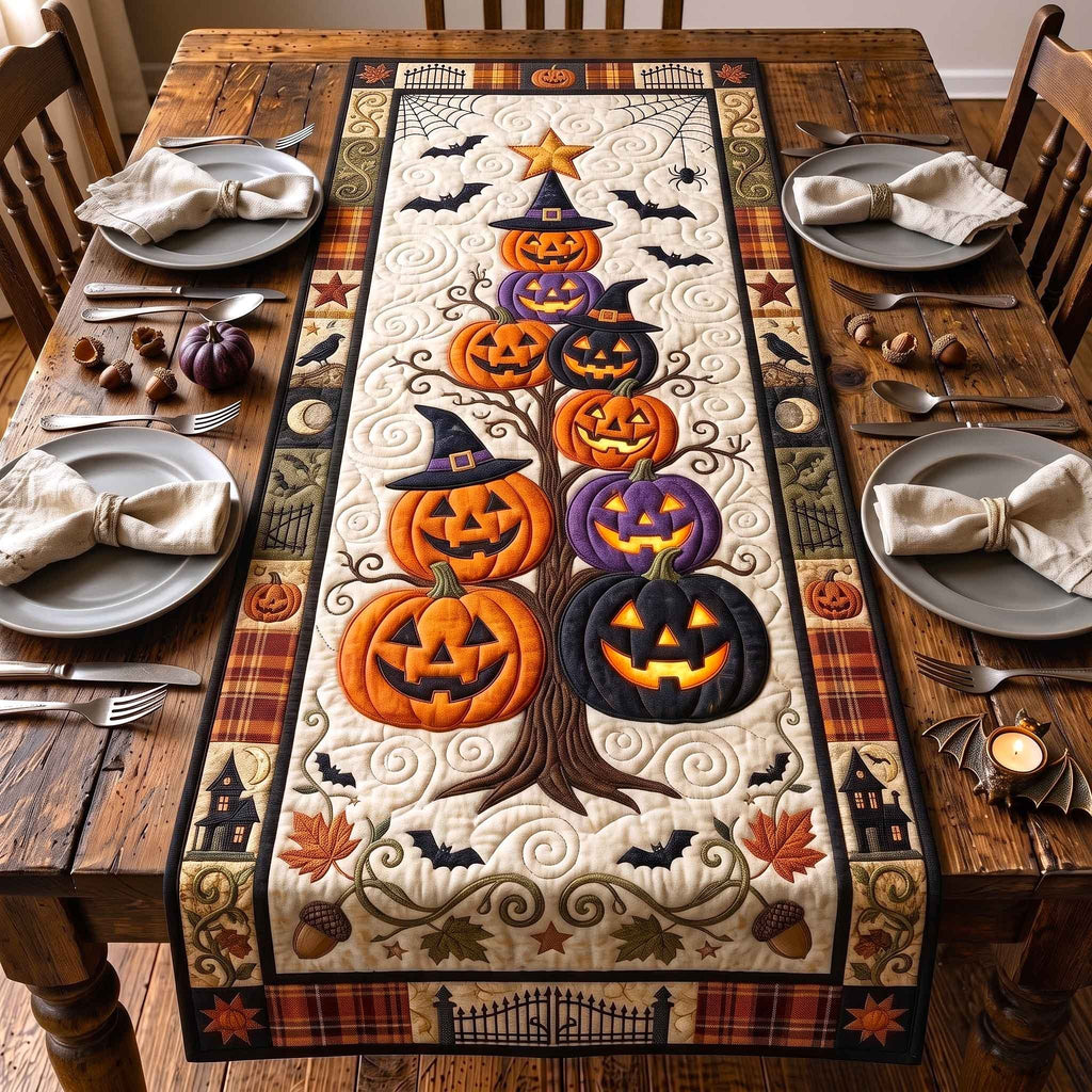 Stacked Pumpkins with Witch Hat Table Runner