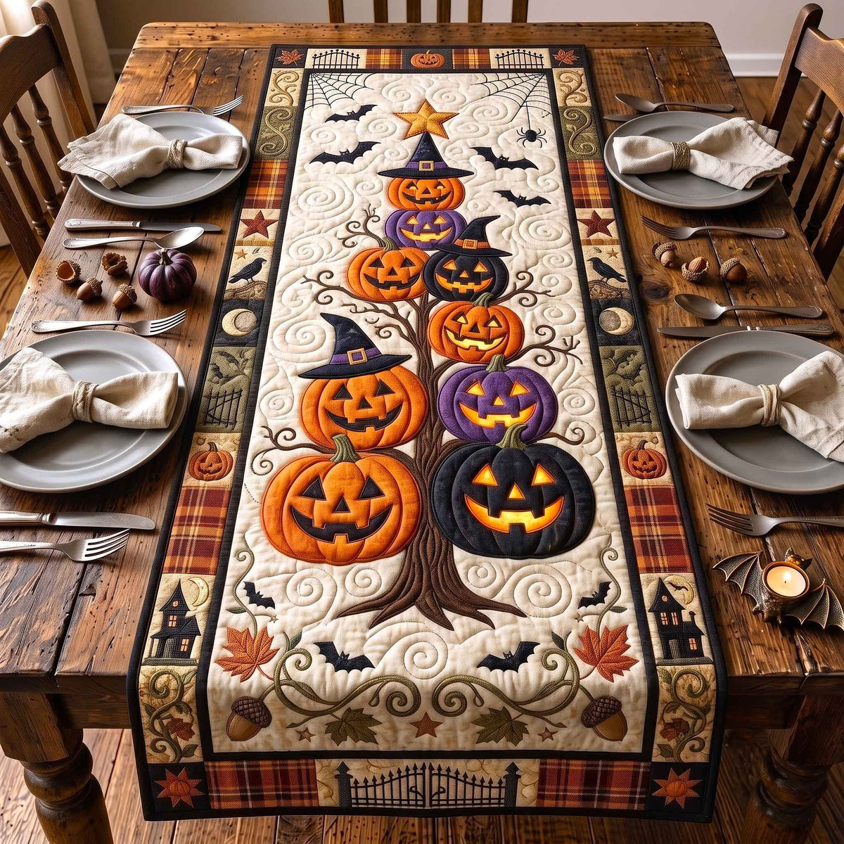 Stacked Pumpkins with Witch Hat Table Runner