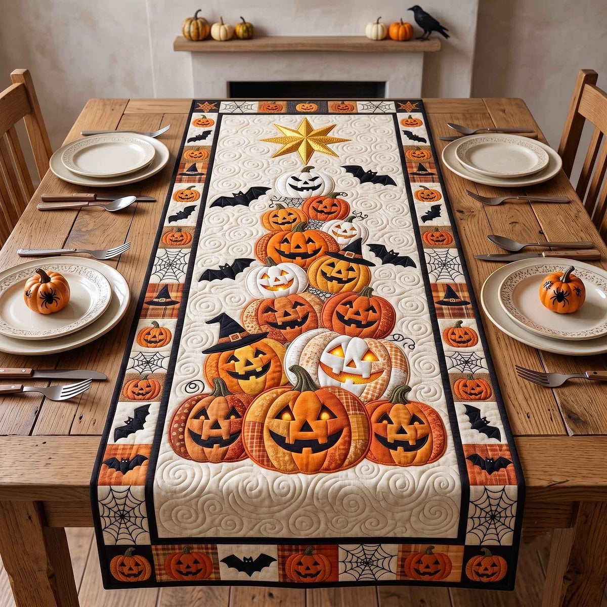 Pumpkin Stack with Bats and Star Table Runner