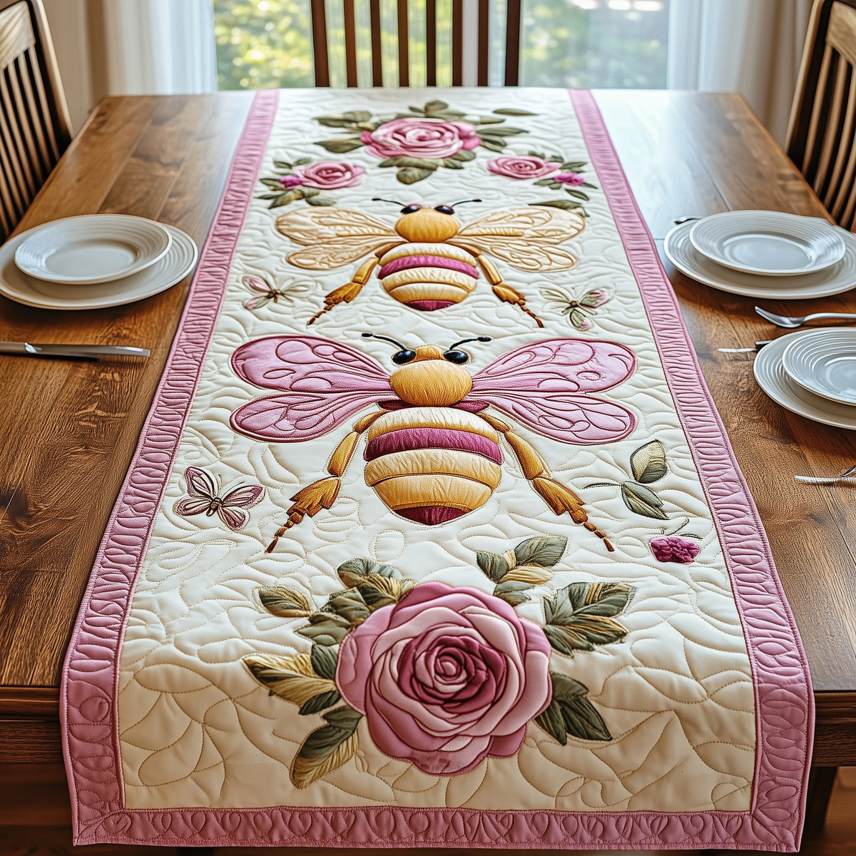 Pink Bee with Cabbage Rose Table Runner