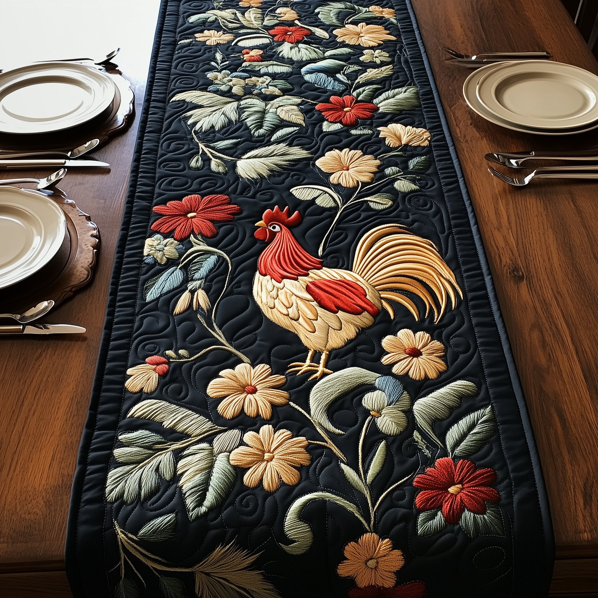 Rooster Among Daisies on Black Table Runner