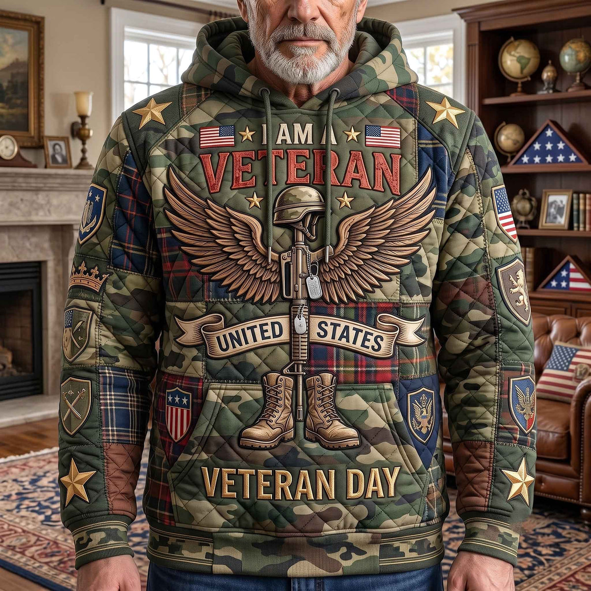 I Am A Veteran Winged Helmet hoodie, all-over print