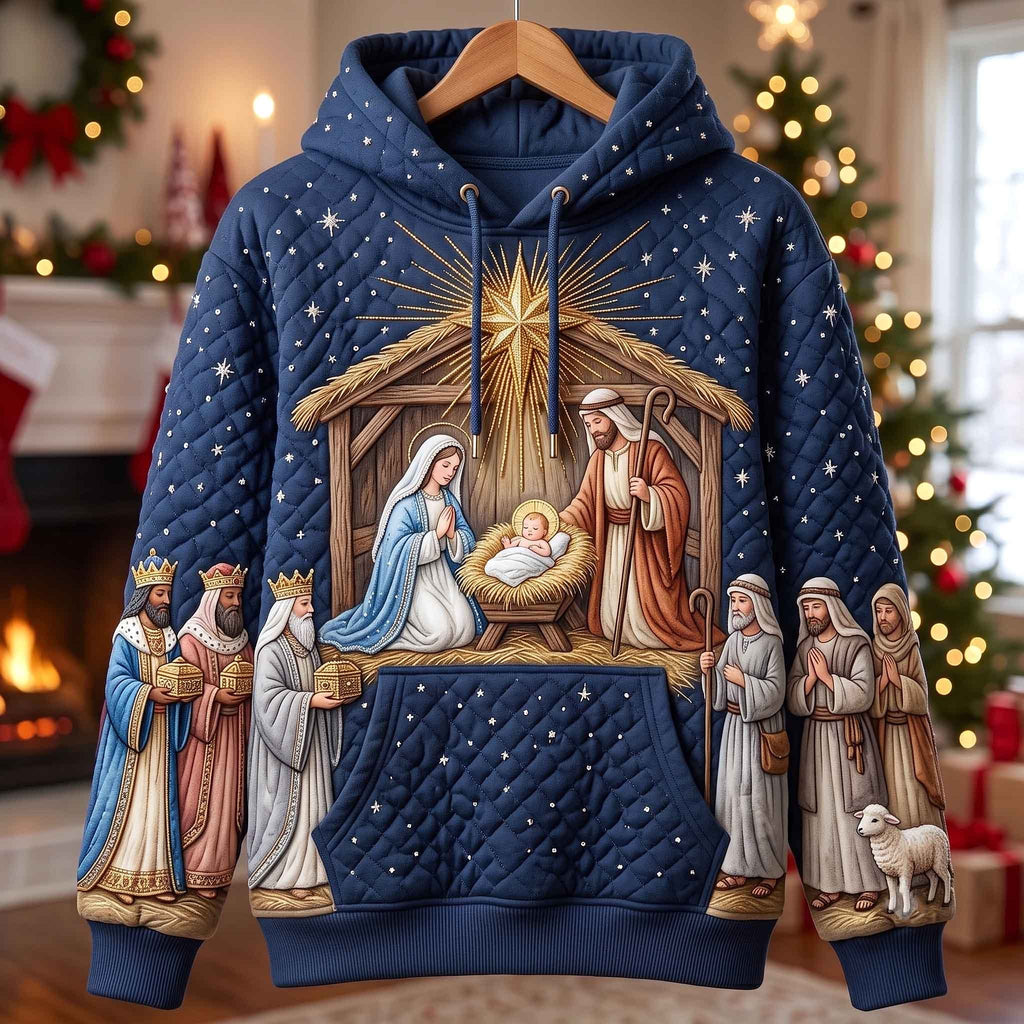 Nativity in the Stable on Navy hoodie, all-over print
