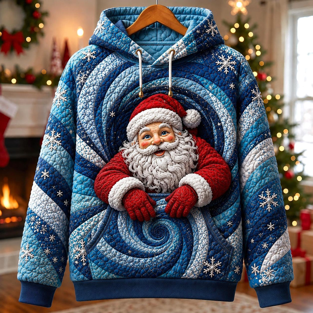 Santa in a Blue Swirl hoodie, all-over print