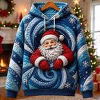 Santa in a Blue Swirl hoodie, all-over print