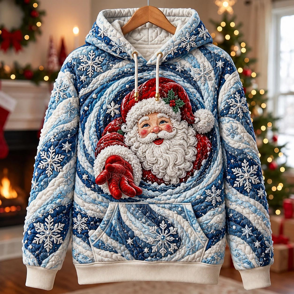 Santa in a Snowflake Swirl hoodie, all-over print