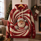 Santa in a Peppermint Swirl hoodie, all-over print