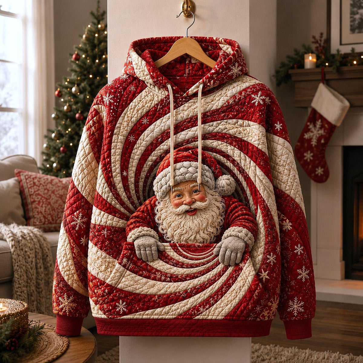 Santa in a Peppermint Swirl hoodie, all-over print