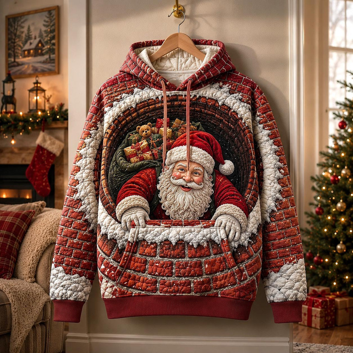 Santa in a Red Gift Basket hoodie, all-over print