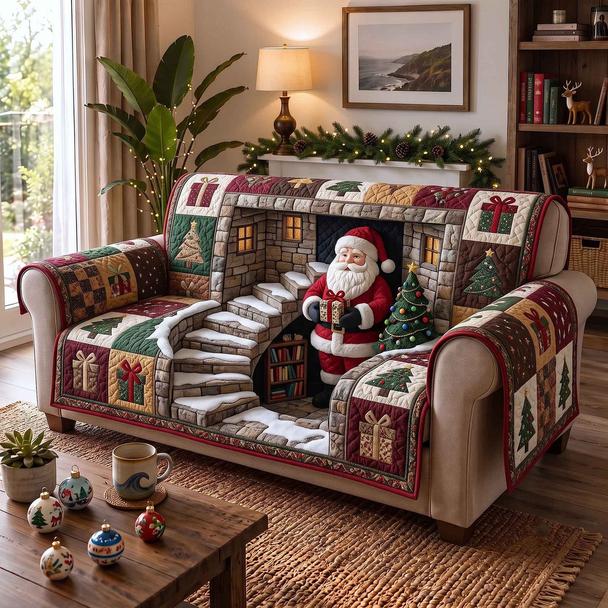 Santa on the Patchwork Library Steps Sofa Cover