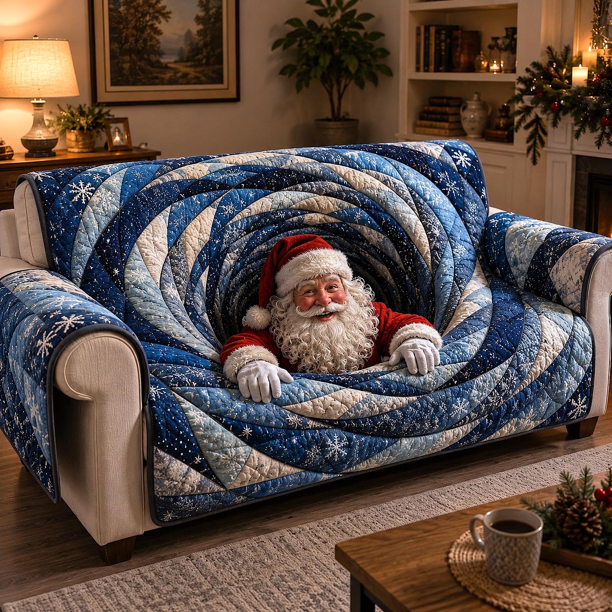 Santa in the Blue Swirl Quilt Sofa Cover