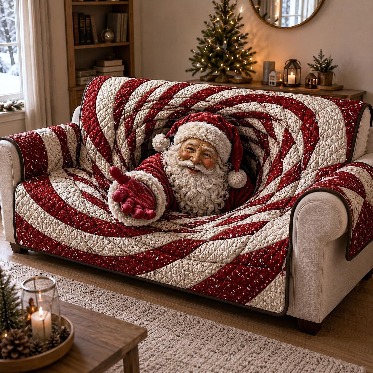 Santa in the Peppermint Swirl Sofa Cover