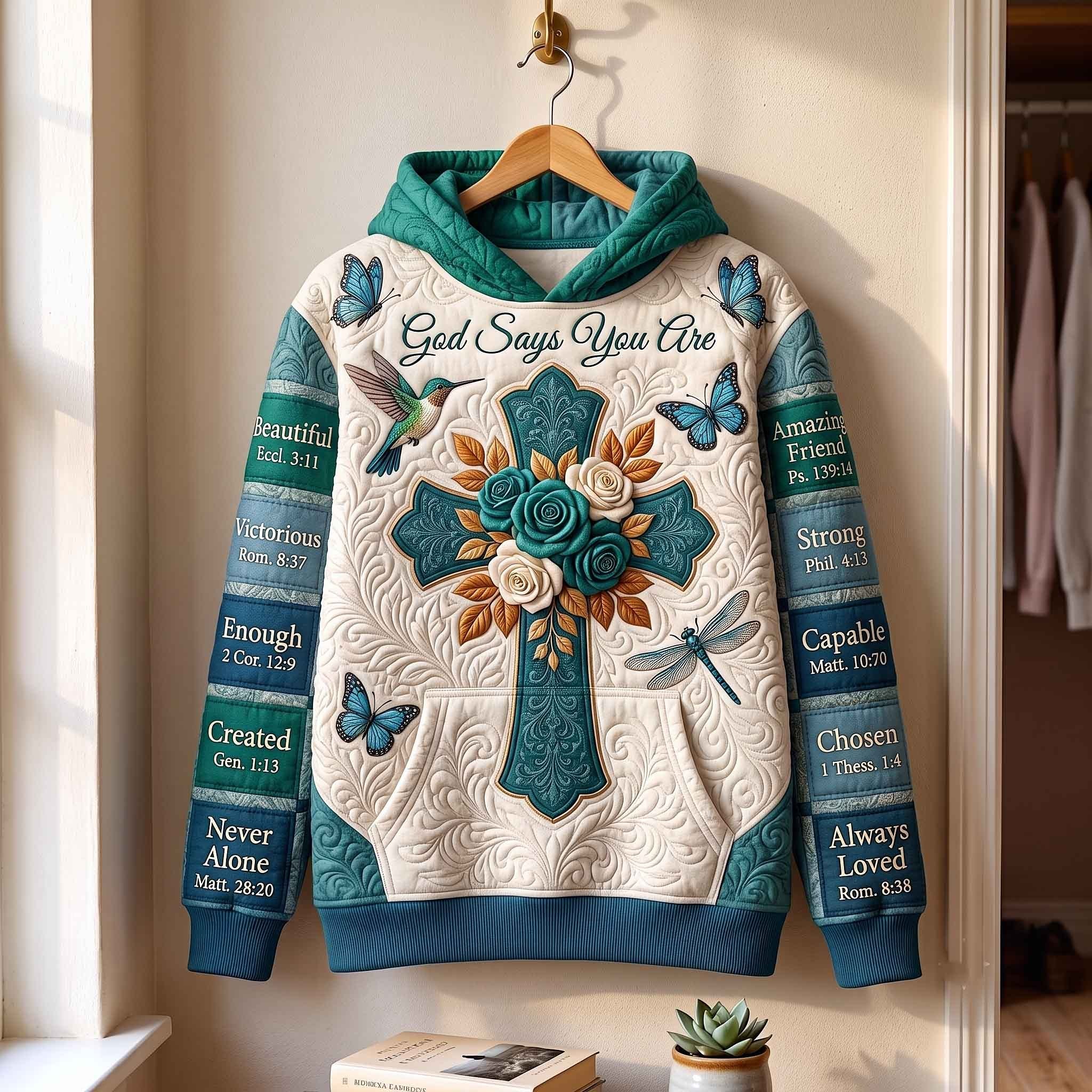 God Says You Are Teal Rose Cross hoodie, all-over print