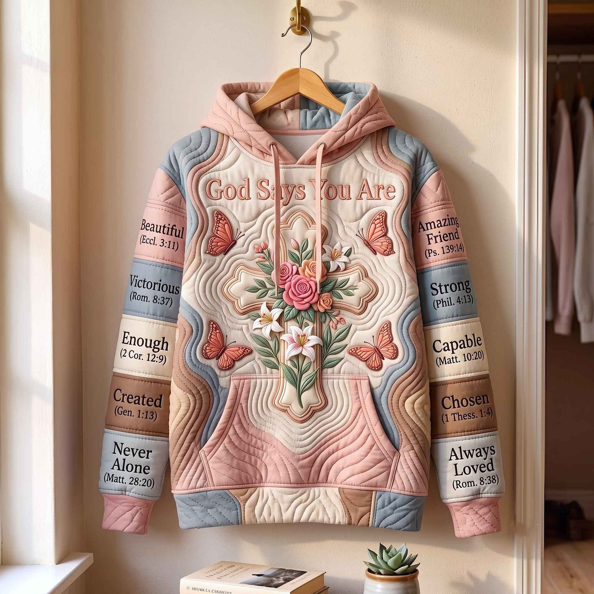God Says You Are Blush Blossom Cross hoodie, all-over print