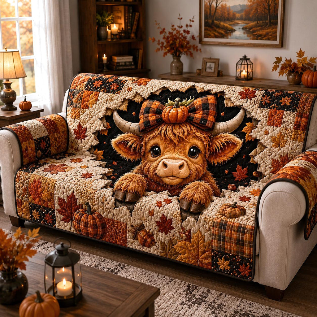 Highland Cow with Autumn Pumpkins Sofa Cover
