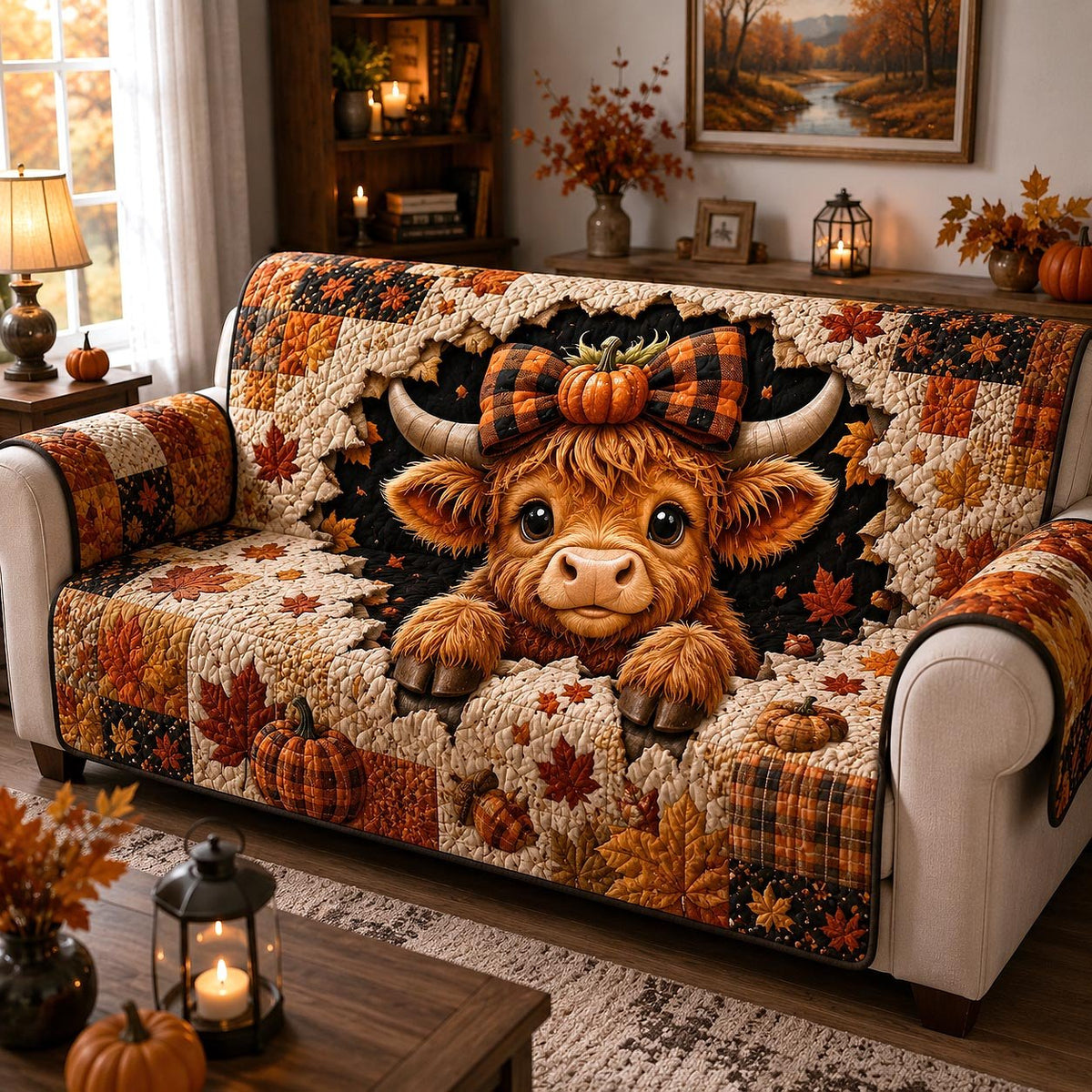 Highland Cow with Autumn Pumpkins Sofa Cover