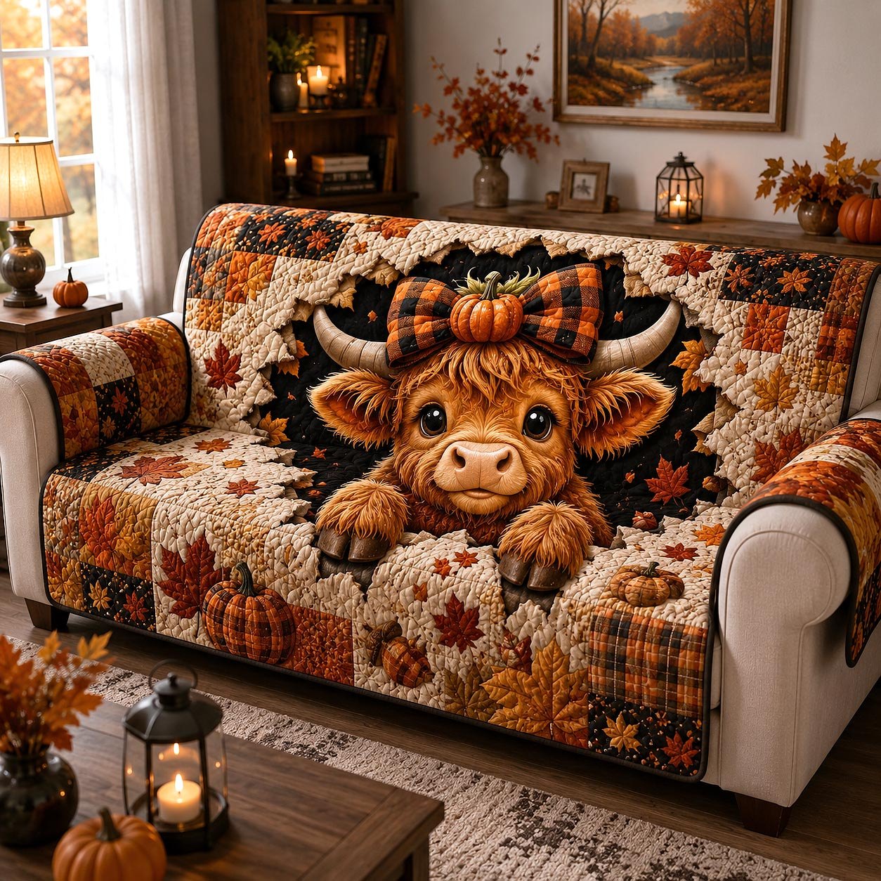 Highland Cow with Autumn Pumpkins Sofa Cover