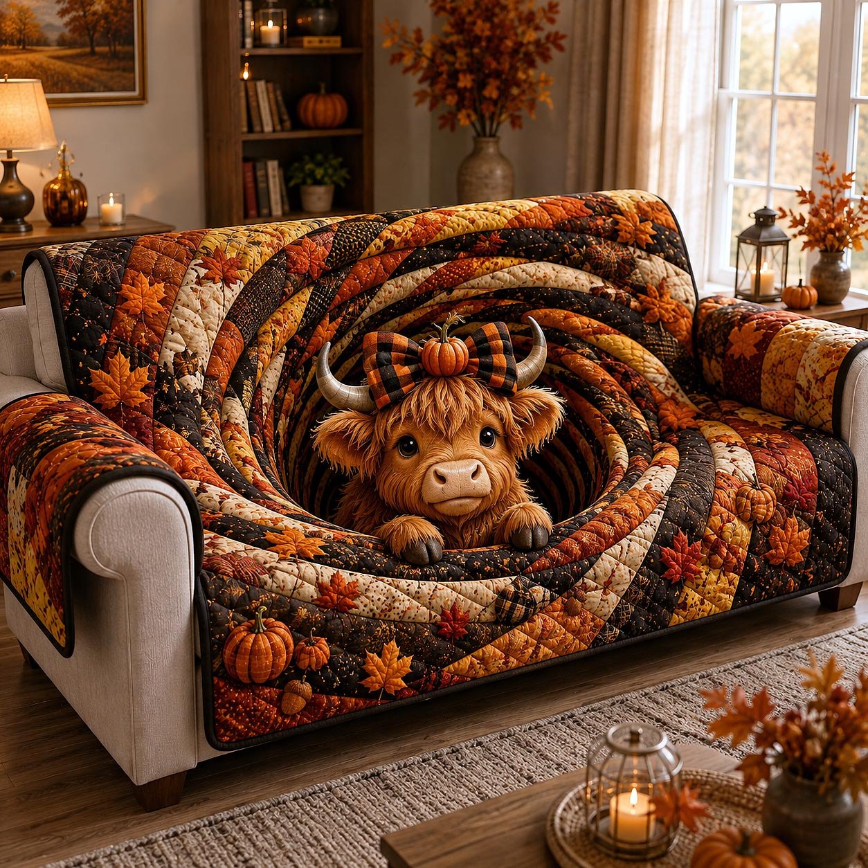 Highland Cow in an Autumn Swirl Sofa Cover