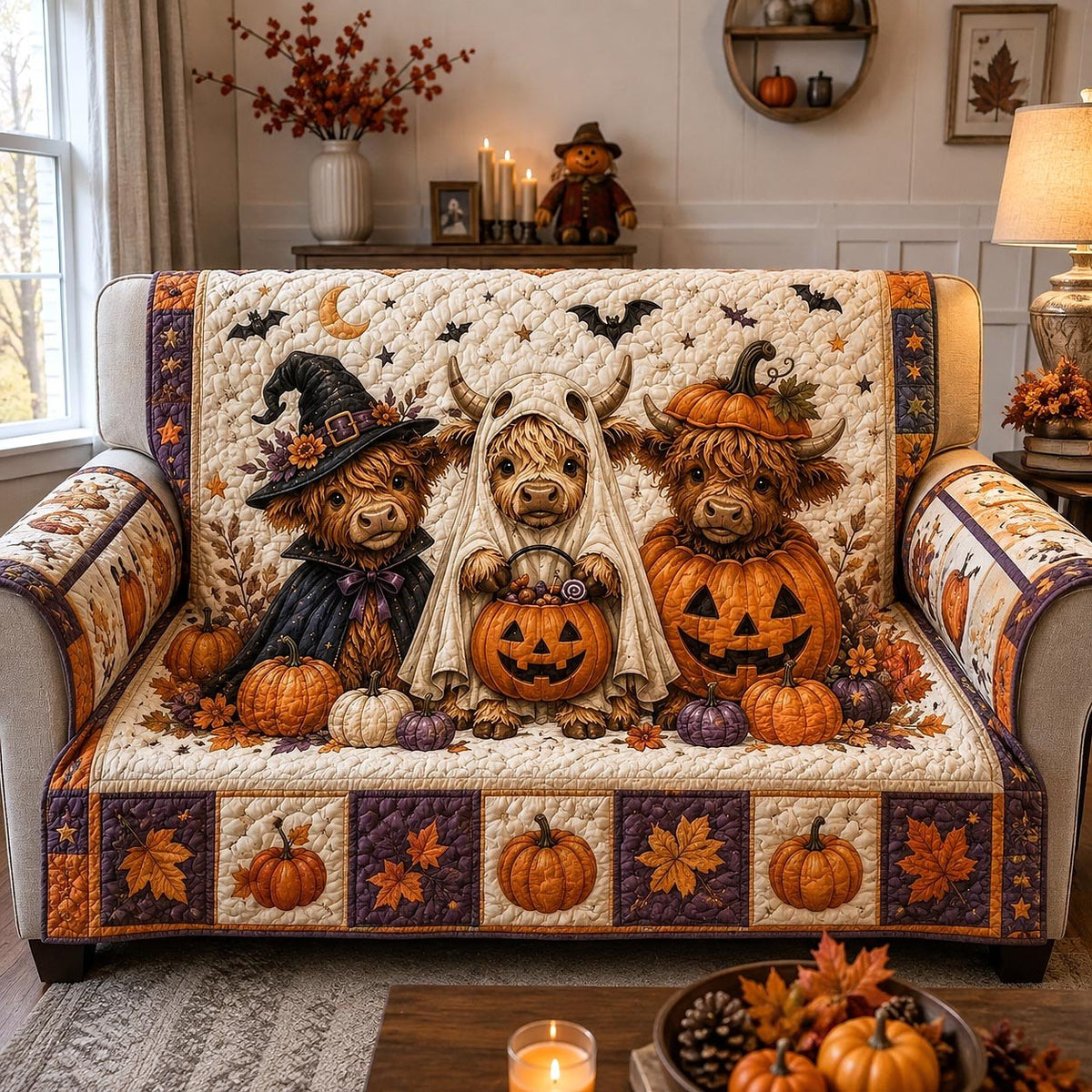 Highland Cows in Witch Hats and Ghosts Sofa Cover