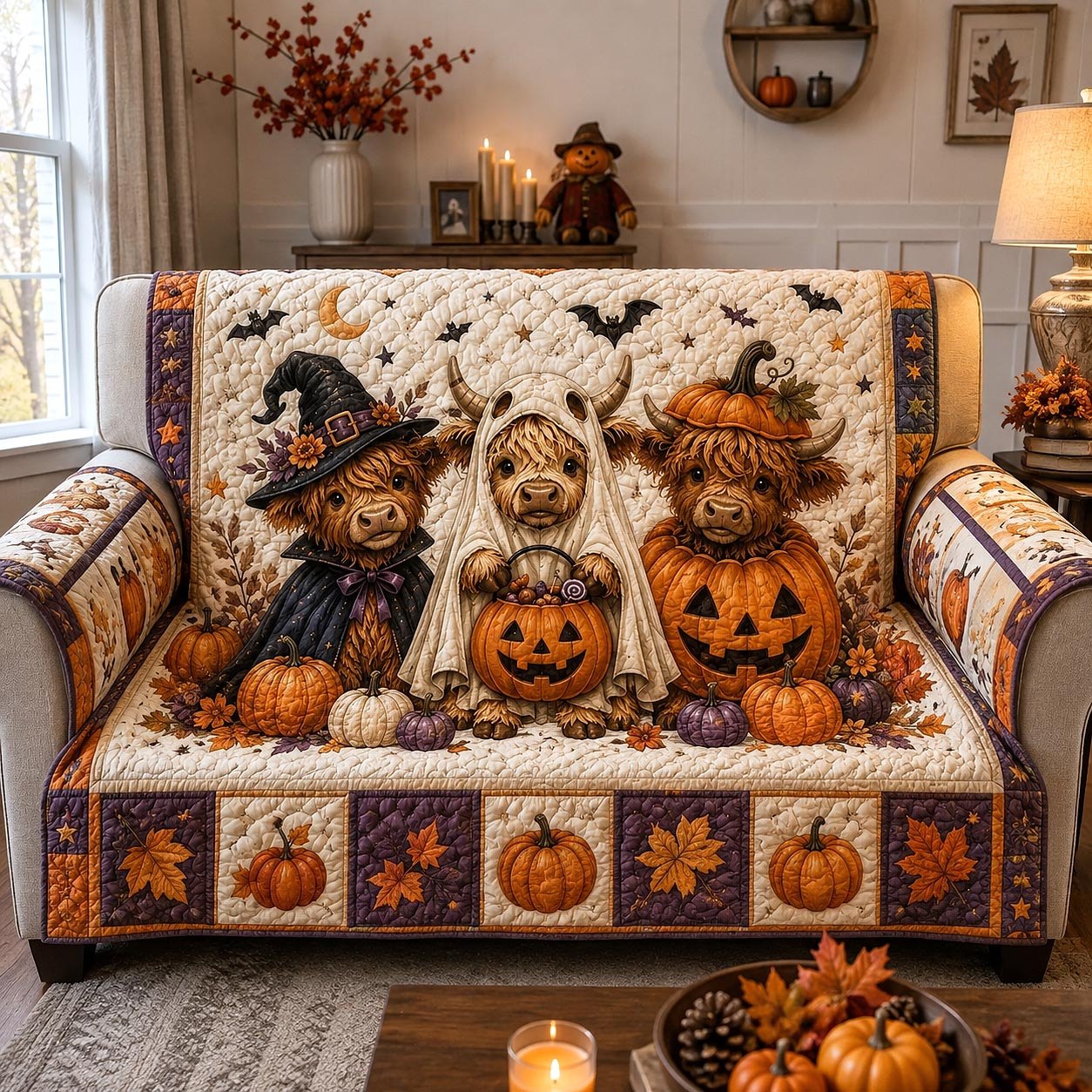 Highland Cows in Witch Hats and Ghosts Sofa Cover
