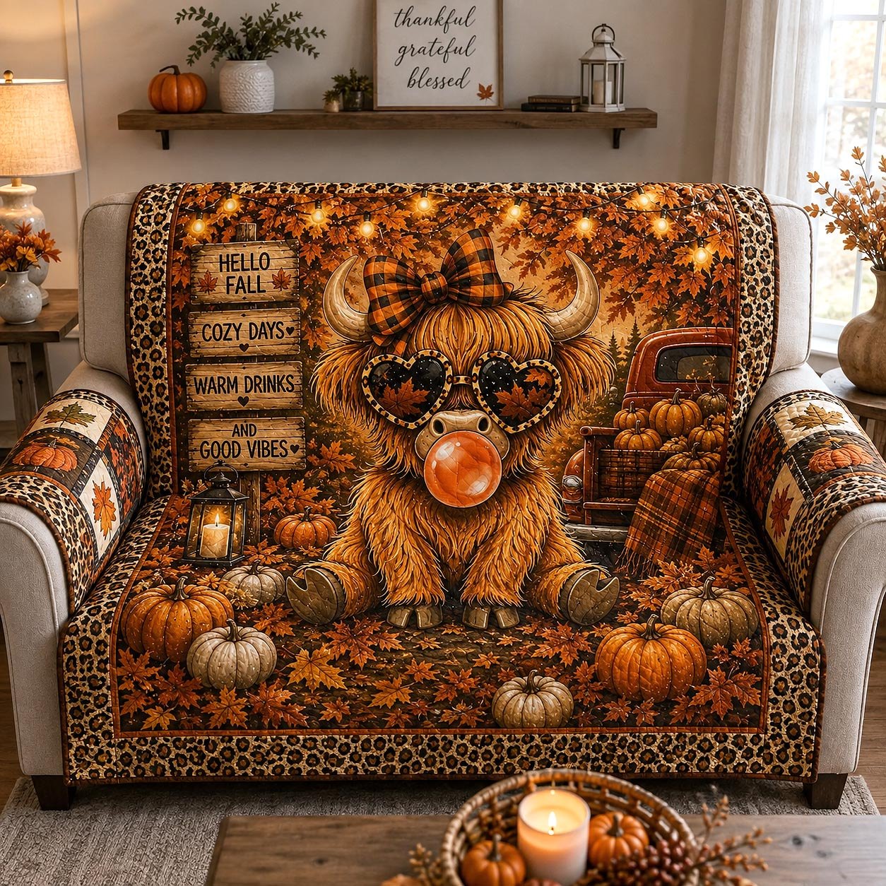 Hello Fall Cozy Days Warm Drinks Sofa Cover