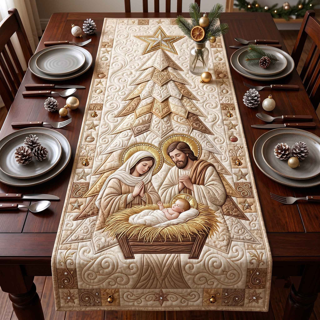 Cream Nativity with Quilted Trees Table Runner