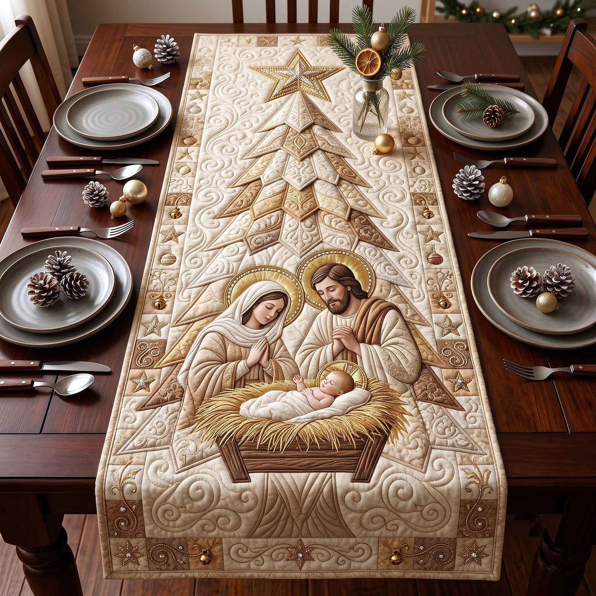 Cream Nativity with Quilted Trees Table Runner