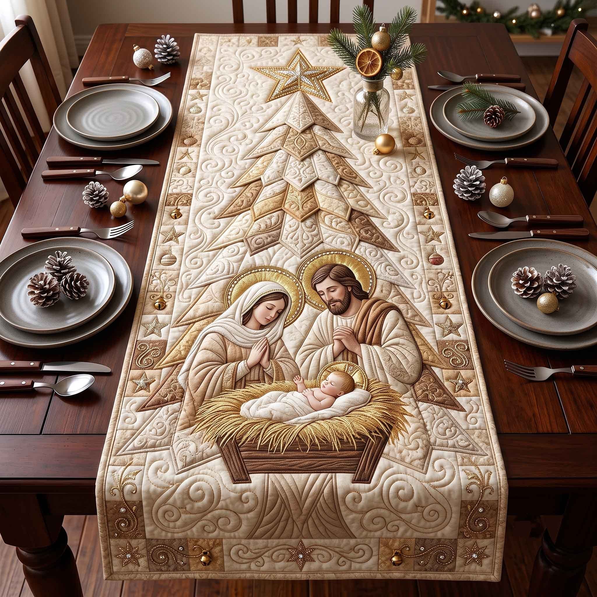 Cream Nativity with Quilted Trees Table Runner