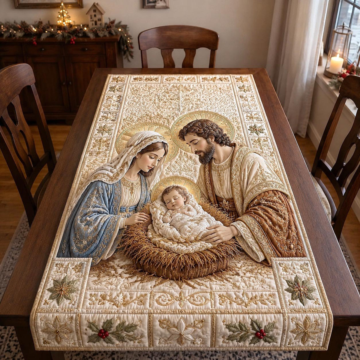 Holy Family on Cream Blocks Table Runner