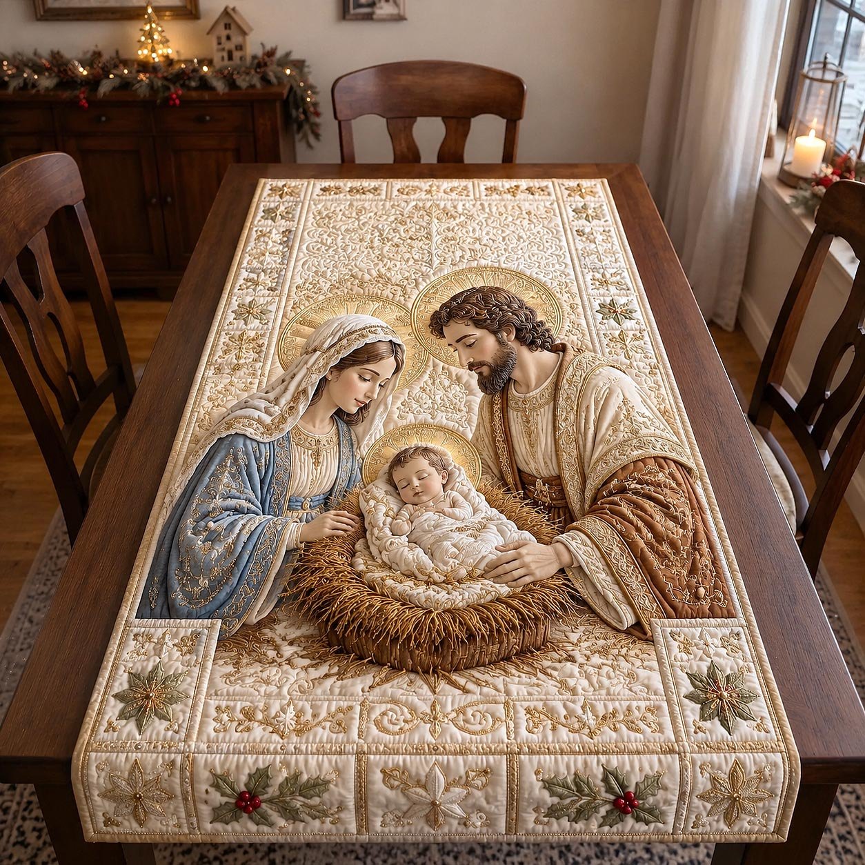 Holy Family on Cream Blocks Table Runner