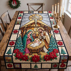 Stained Glass Nativity with Poinsettias Table Runner