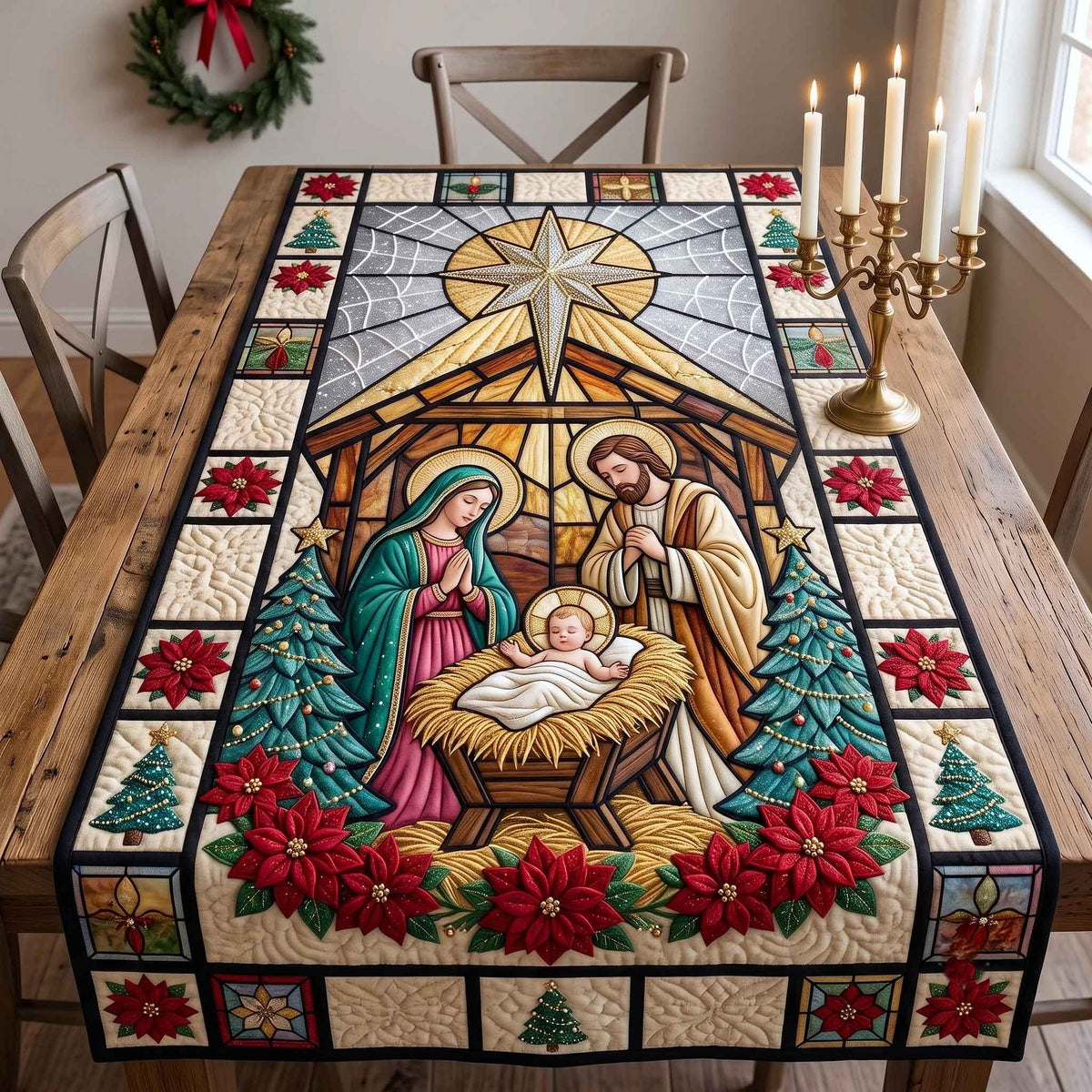 Stained Glass Nativity with Poinsettias Table Runner