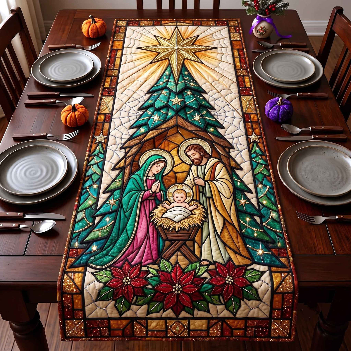Stained Glass Nativity with Green Trees Table Runner