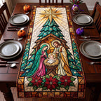 Stained Glass Nativity with Green Trees Table Runner