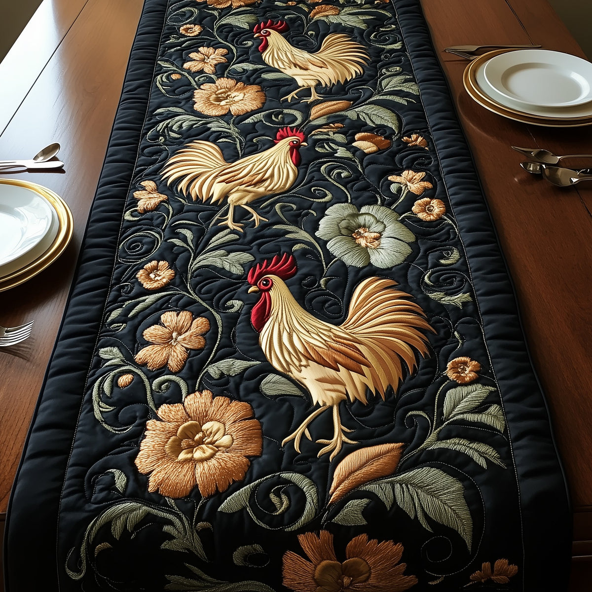 Rooster with Cream Blooms on Dark Table Runner