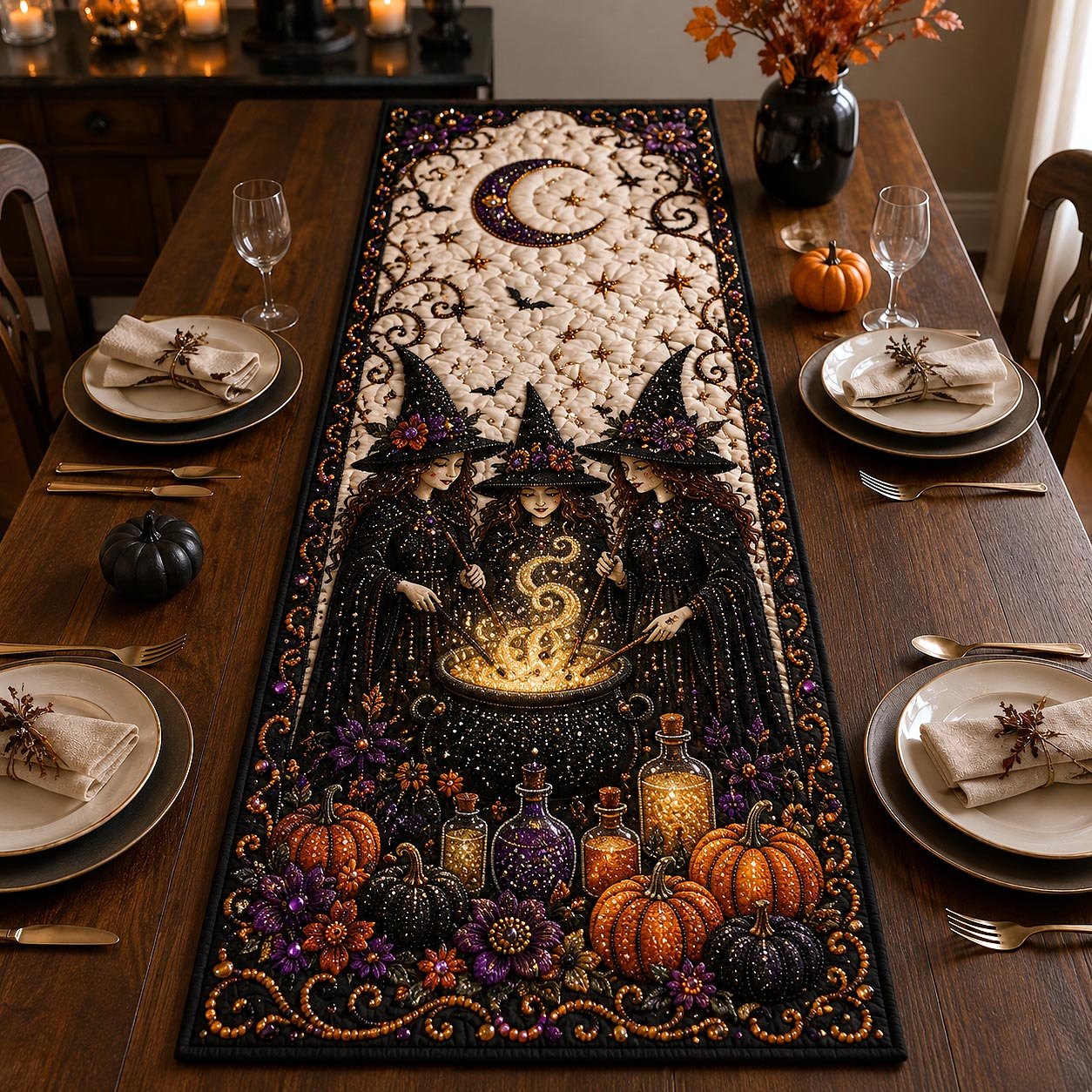 Witch Cauldron with Glowing Pumpkins Table Runner