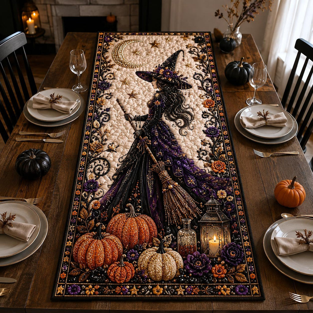 Witch Silhouette with Broom and Pumpkins Table Runner