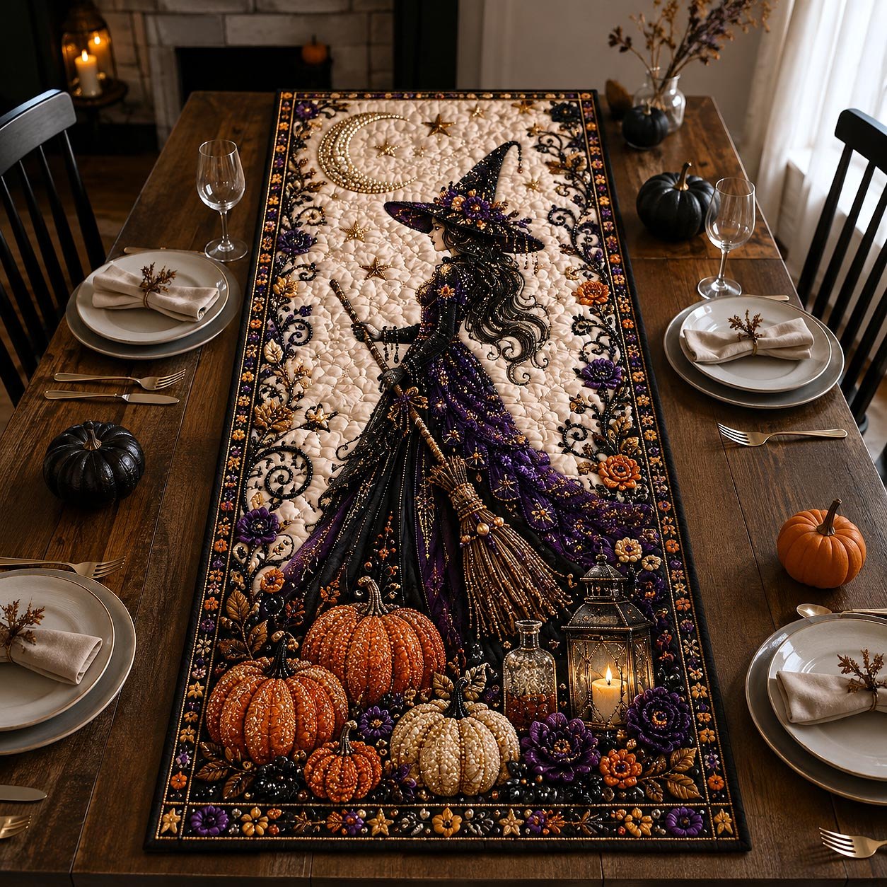 Witch Silhouette with Broom and Pumpkins Table Runner